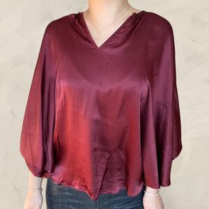 Acrobat Burgendy silk blouse bubble sleeve chic drape top size XS